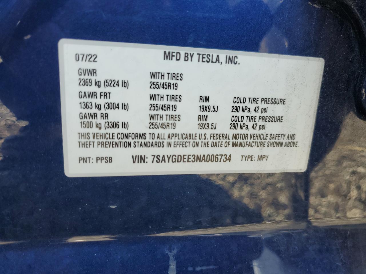 2022 Tesla Model Y VIN: 7SAYGDEE3NA006734 Lot: 93398315