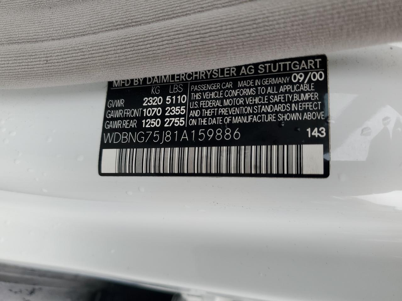 2001 Mercedes-Benz S 500 VIN: WDBNG75J81A159886 Lot: 92846155