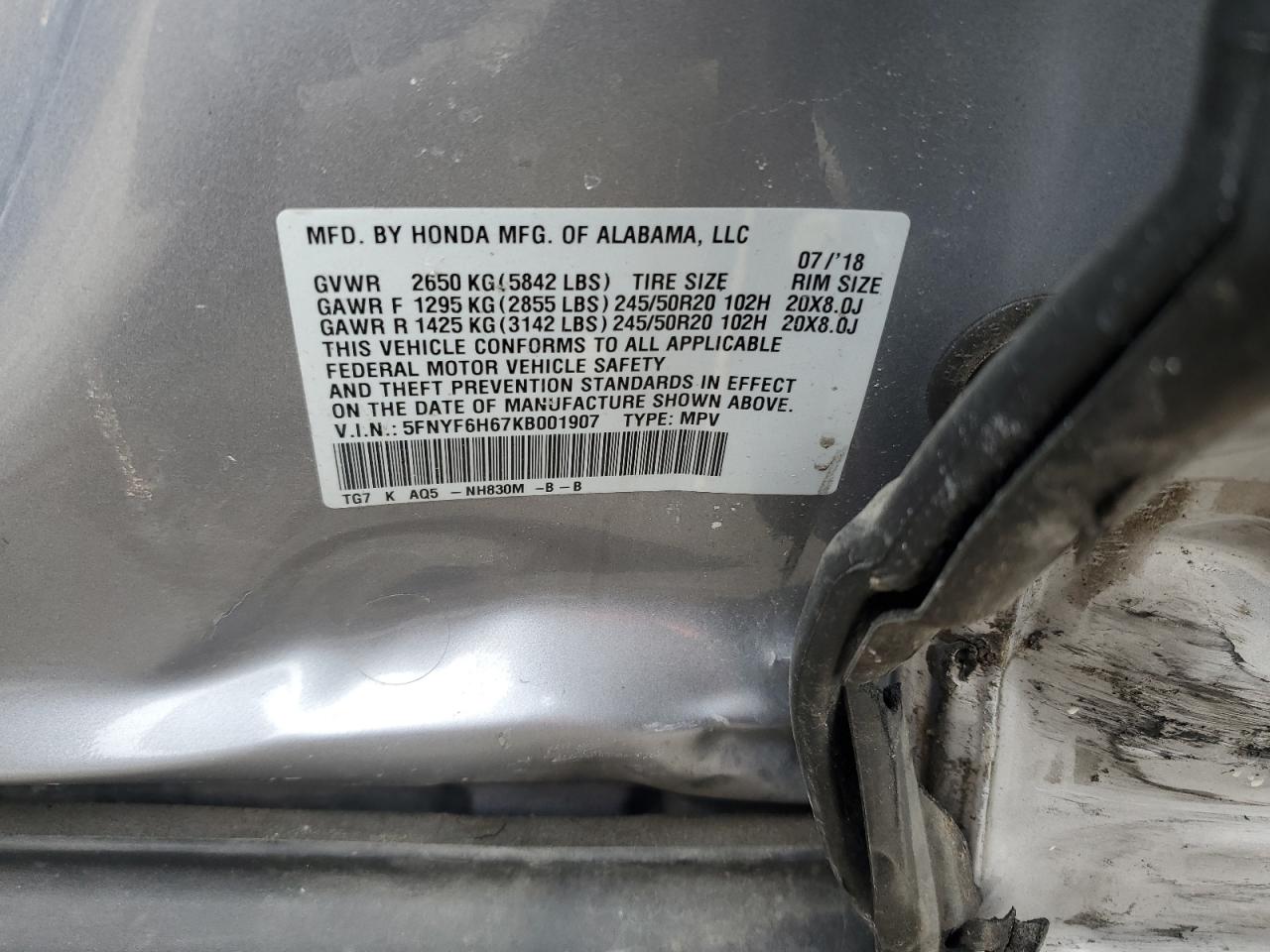 2019 Honda Pilot Touring VIN: 5FNYF6H67KB001907 Lot: 92168645