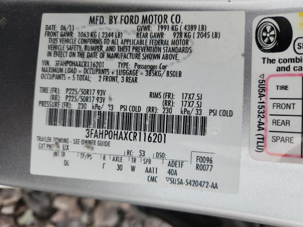 2012 Ford Fusion Se VIN: 3FAHP0HAXCR116201 Lot: 93331835