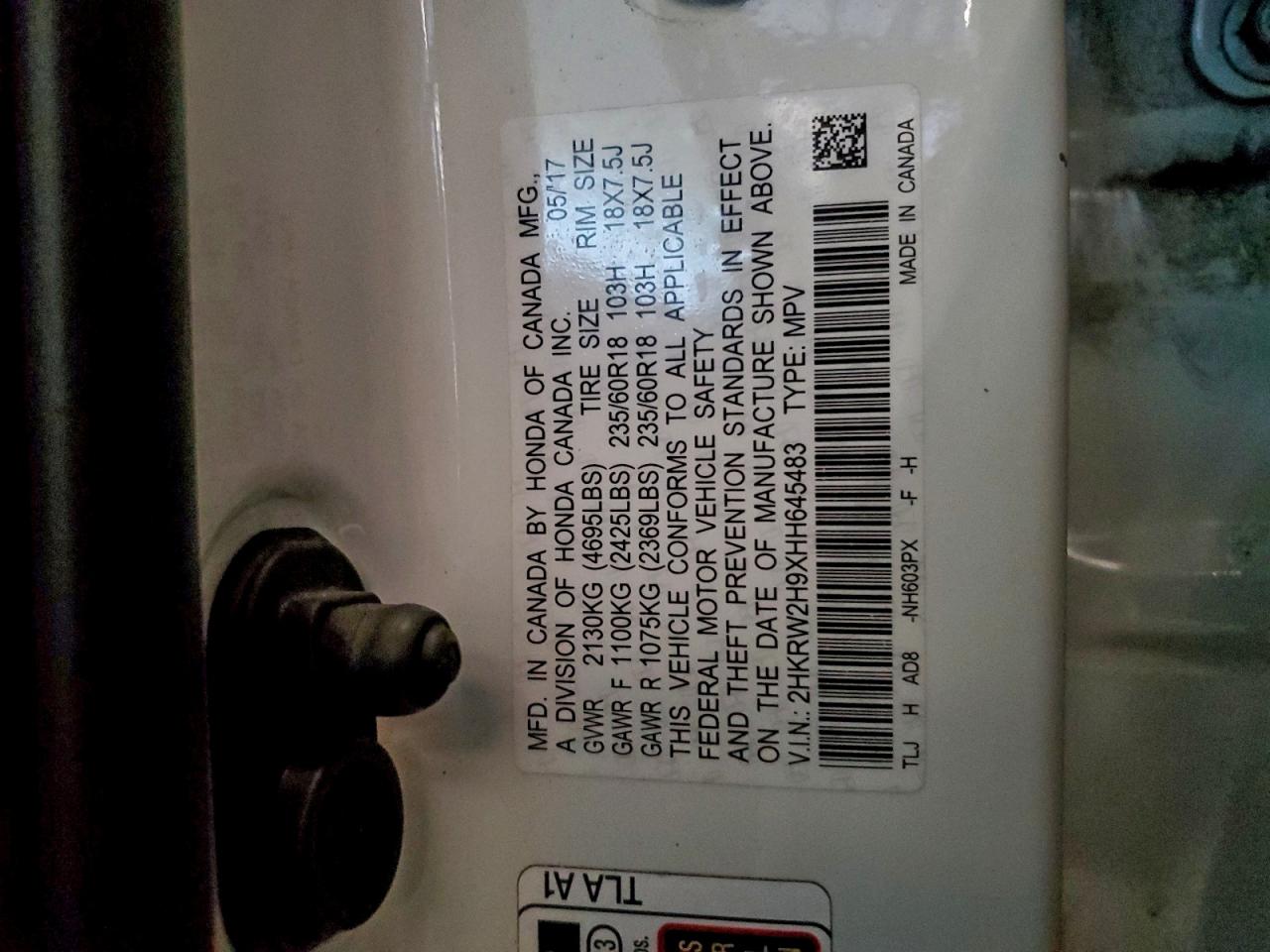 2017 Honda Cr-V Touring VIN: 2HKRW2H9XHH645483 Lot: 94052785