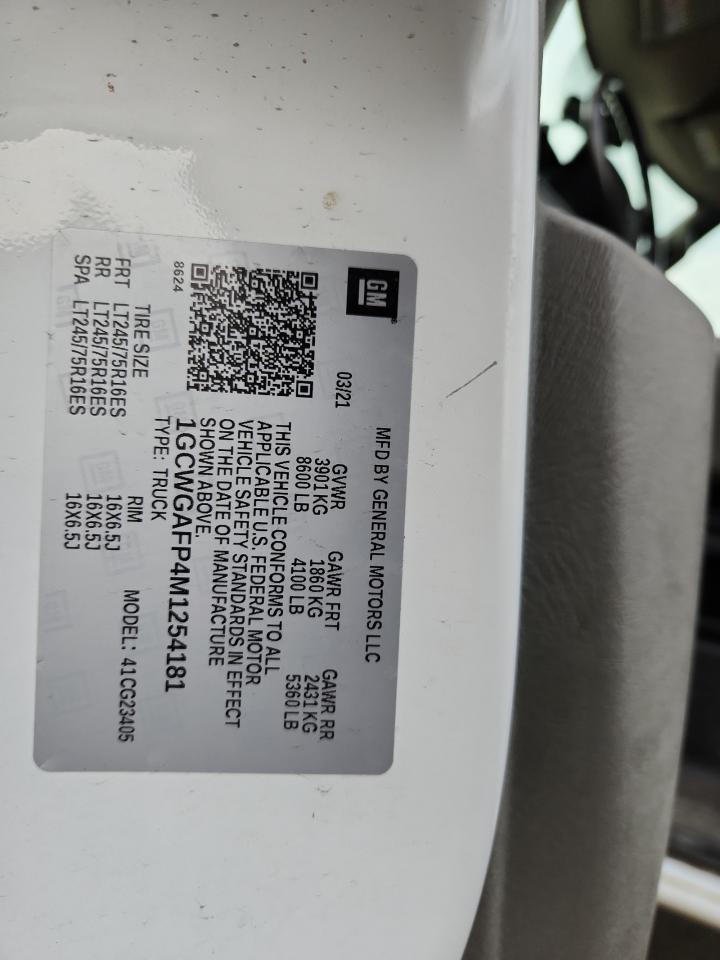 2021 Chevrolet Express G2500 VIN: 1GCWGAFP4M1254181 Lot: 85108745