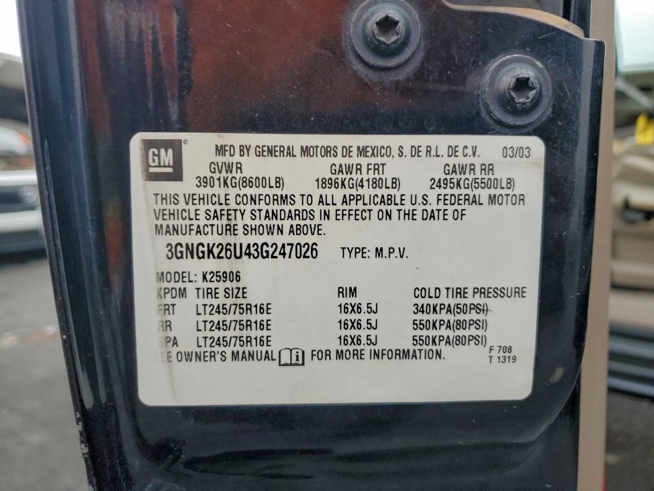 2003 Chevrolet Suburban K2500 VIN: 3GNGK26U43G247026 Lot: 94169045