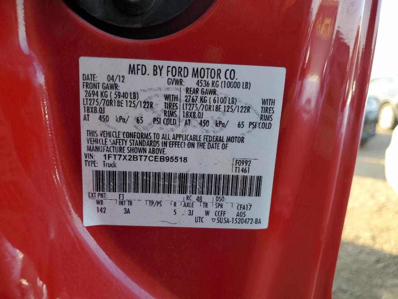 2012 Ford F250 Super Duty VIN: 1FT7X2BT7CEB95518 Lot: 90816665