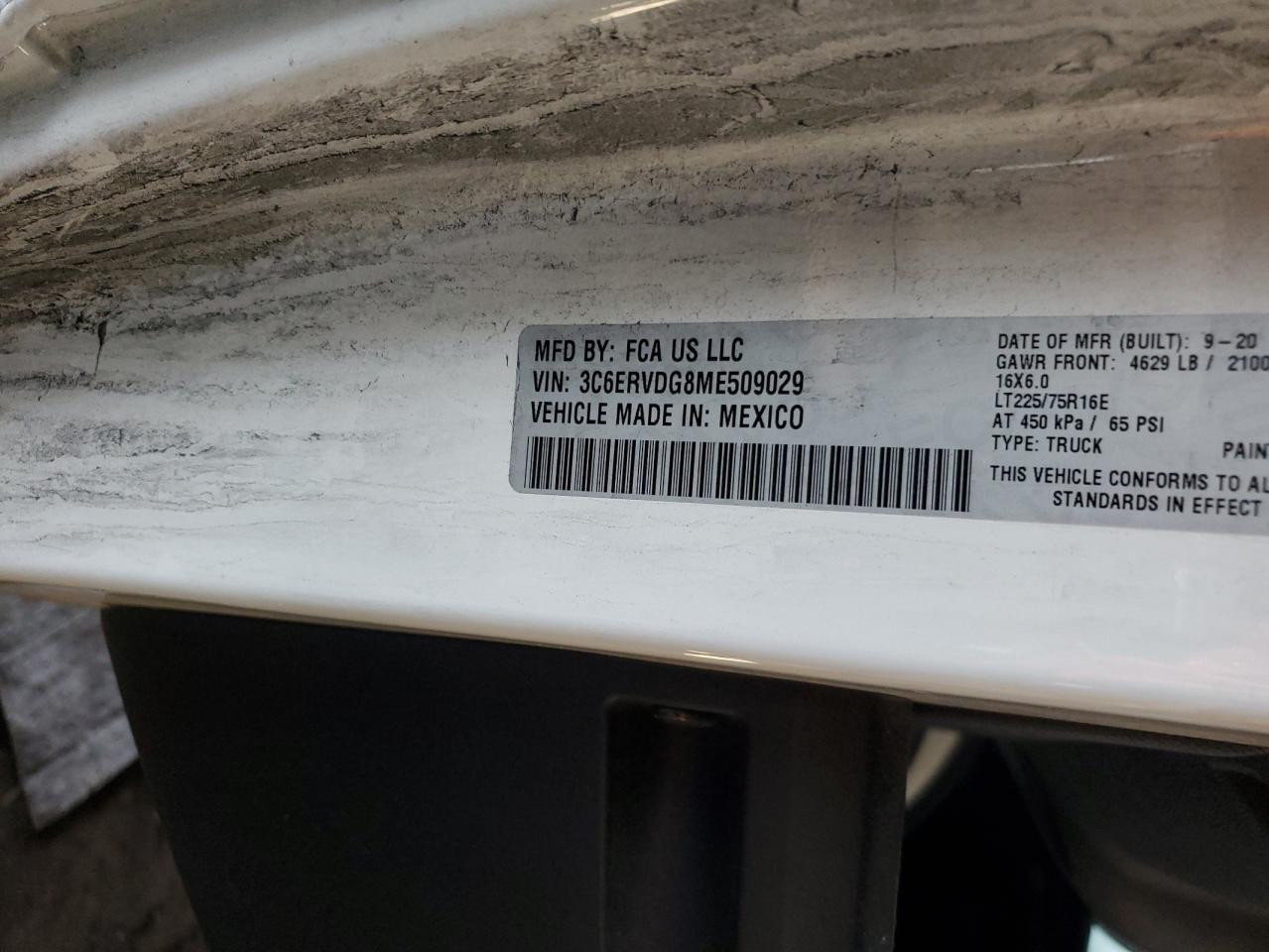 2021 Ram Promaster 2500 VIN: 3C6ERVDG8ME509029 Lot: 92702895