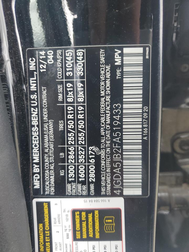 2015 Mercedes-Benz Ml 350 VIN: 4JGDA5JB2FA519433 Lot: 92929925