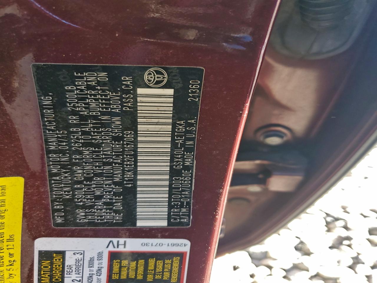 2015 Toyota Avalon Xle VIN: 4T1BK1EB2FU167069 Lot: 94475395