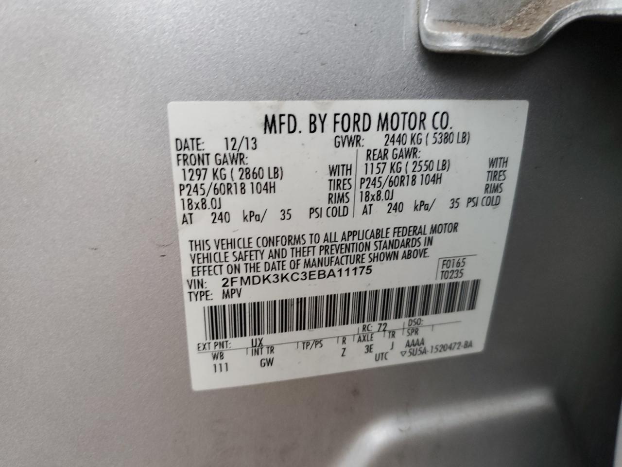 2014 Ford Edge Limited VIN: 2FMDK3KC3EBA11175 Lot: 93342305