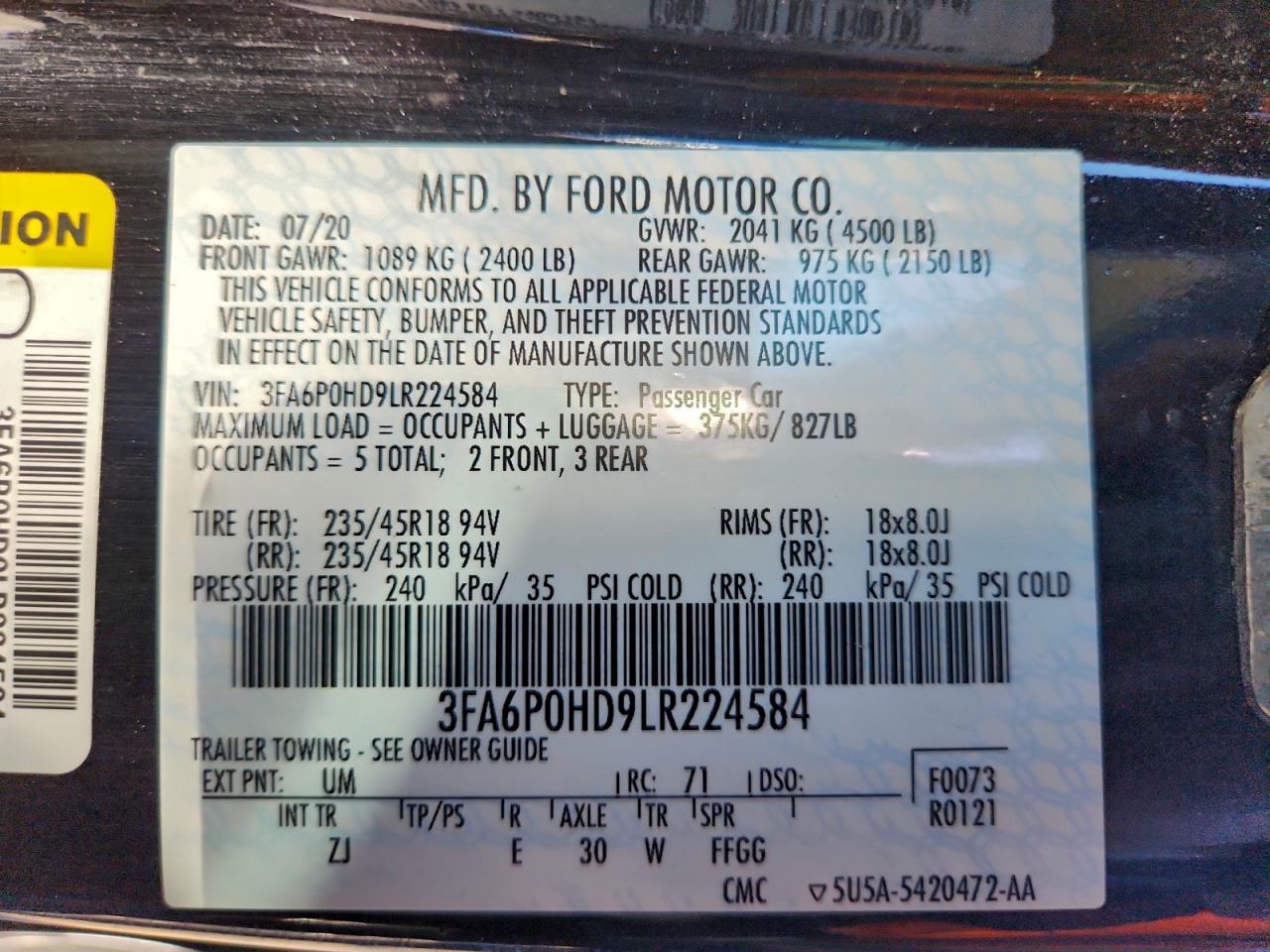 2020 Ford Fusion Se VIN: 3FA6P0HD9LR224584 Lot: 93153025