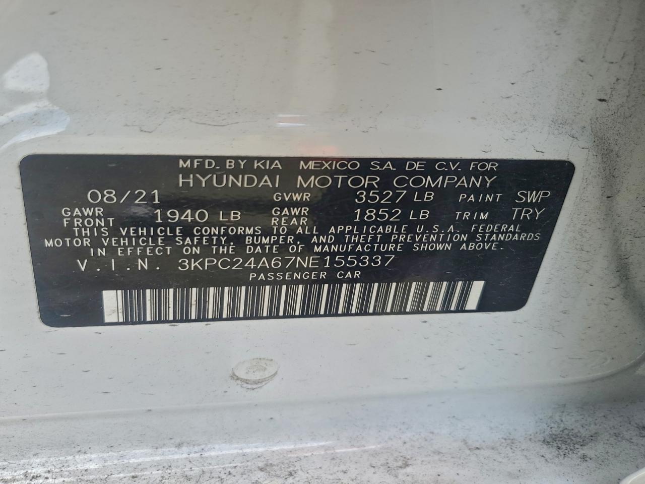 2022 Hyundai Accent Se VIN: 3KPC24A67NE155337 Lot: 94032645