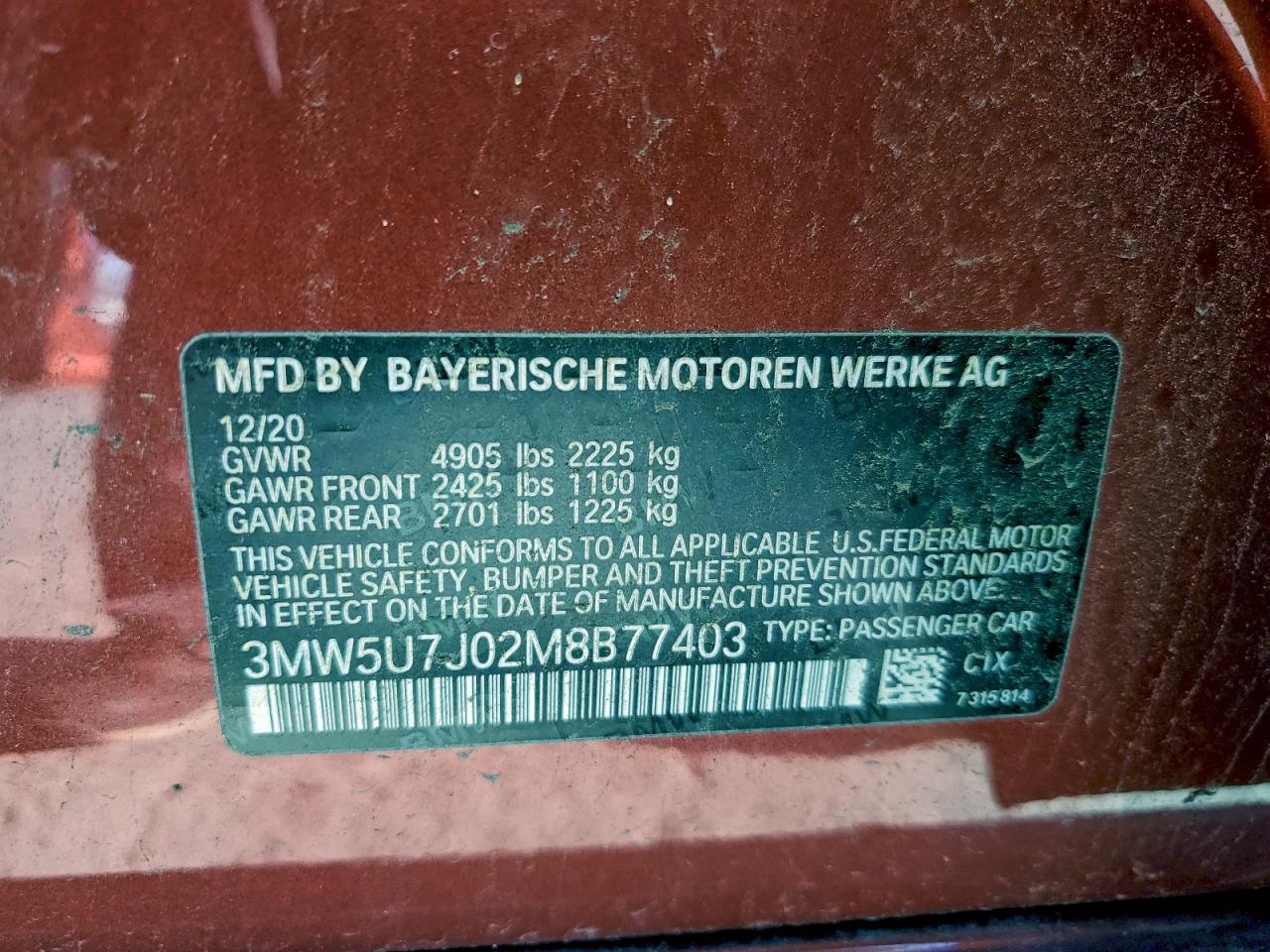 2021 BMW M340I VIN: 3MW5U7J02M8B77403 Lot: 94487005