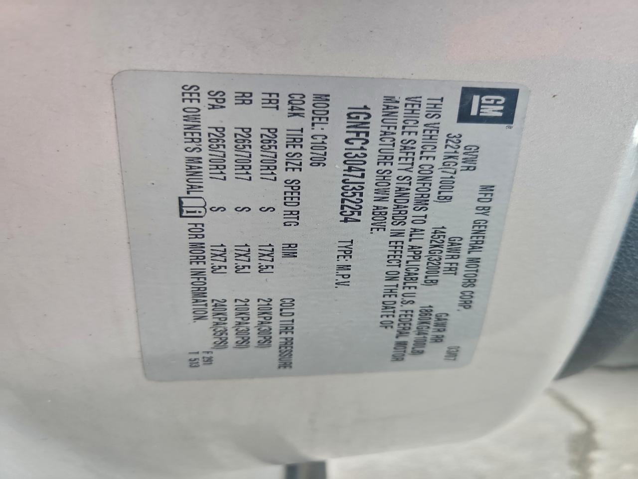 2007 Chevrolet Tahoe C1500 VIN: 1GNFC13047J352254 Lot: 94534545