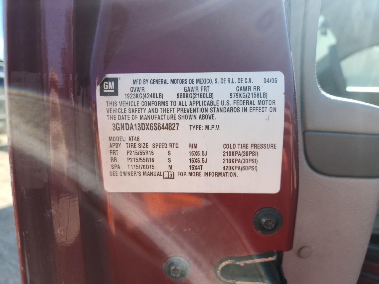 2006 Chevrolet Hhr Ls VIN: 3GNDA13DX6S644827 Lot: 92799235