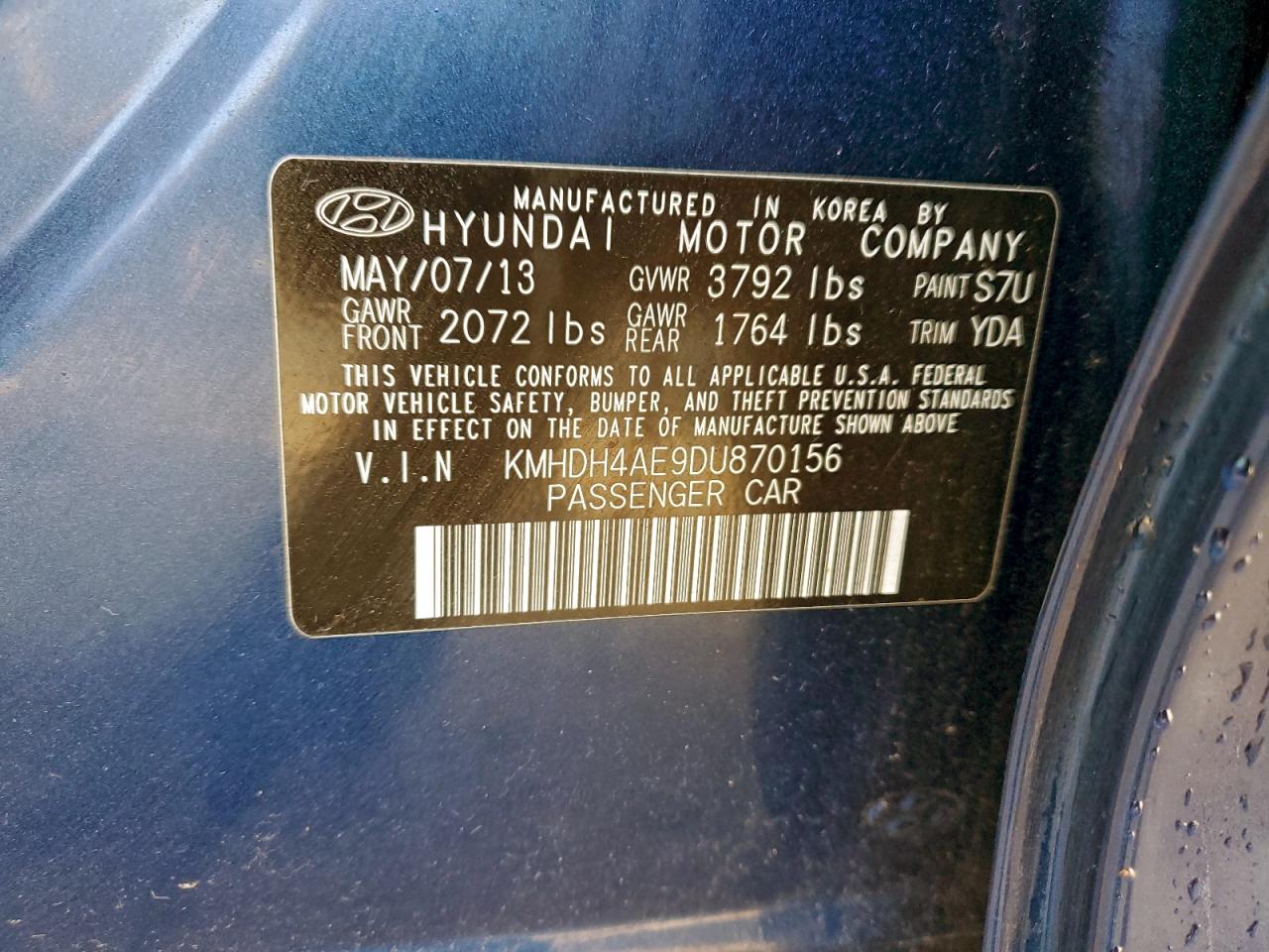 2013 Hyundai Elantra Gls VIN: KMHDH4AE9DU870156 Lot: 93564285