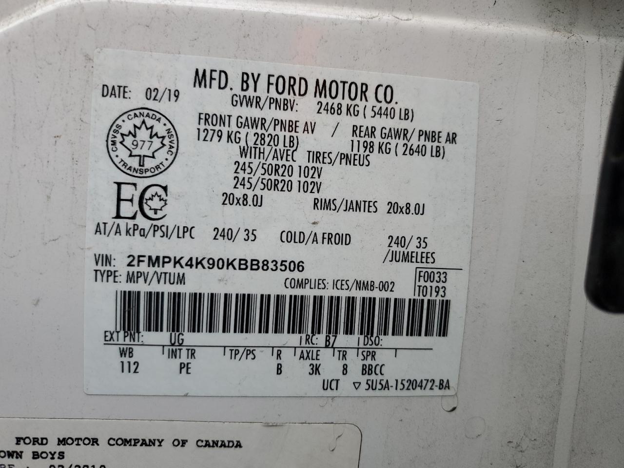 2019 Ford Edge Titanium VIN: 2FMPK4K90KBB83506 Lot: 92934055