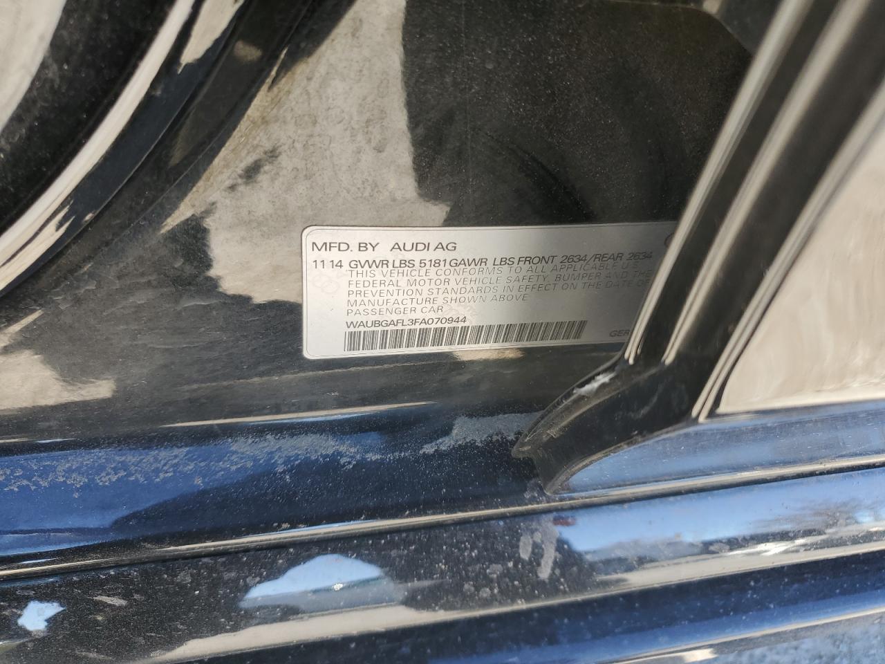 2015 Audi S4 Premium Plus VIN: WAUBGAFL3FA070944 Lot: 92167975