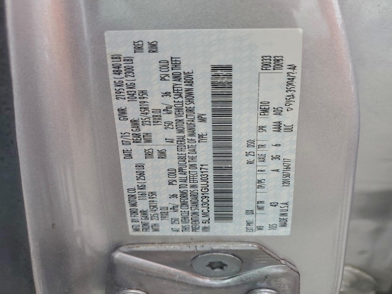 2016 Lincoln Mkc Reserve VIN: 5LMCJ3C91GUJ03171 Lot: 93420805