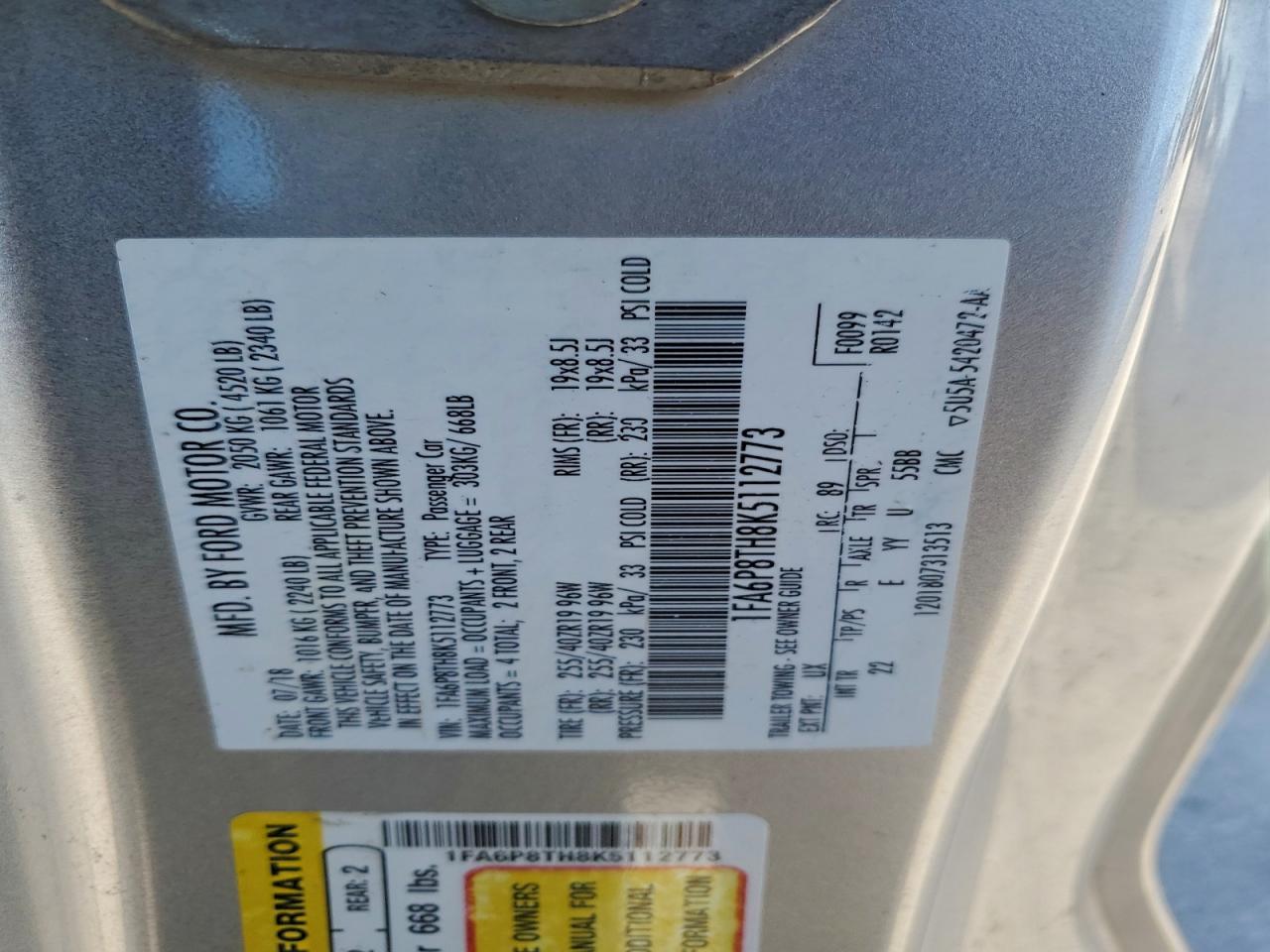 2019 Ford Mustang VIN: 1FA6P8TH8K5112773 Lot: 94527445