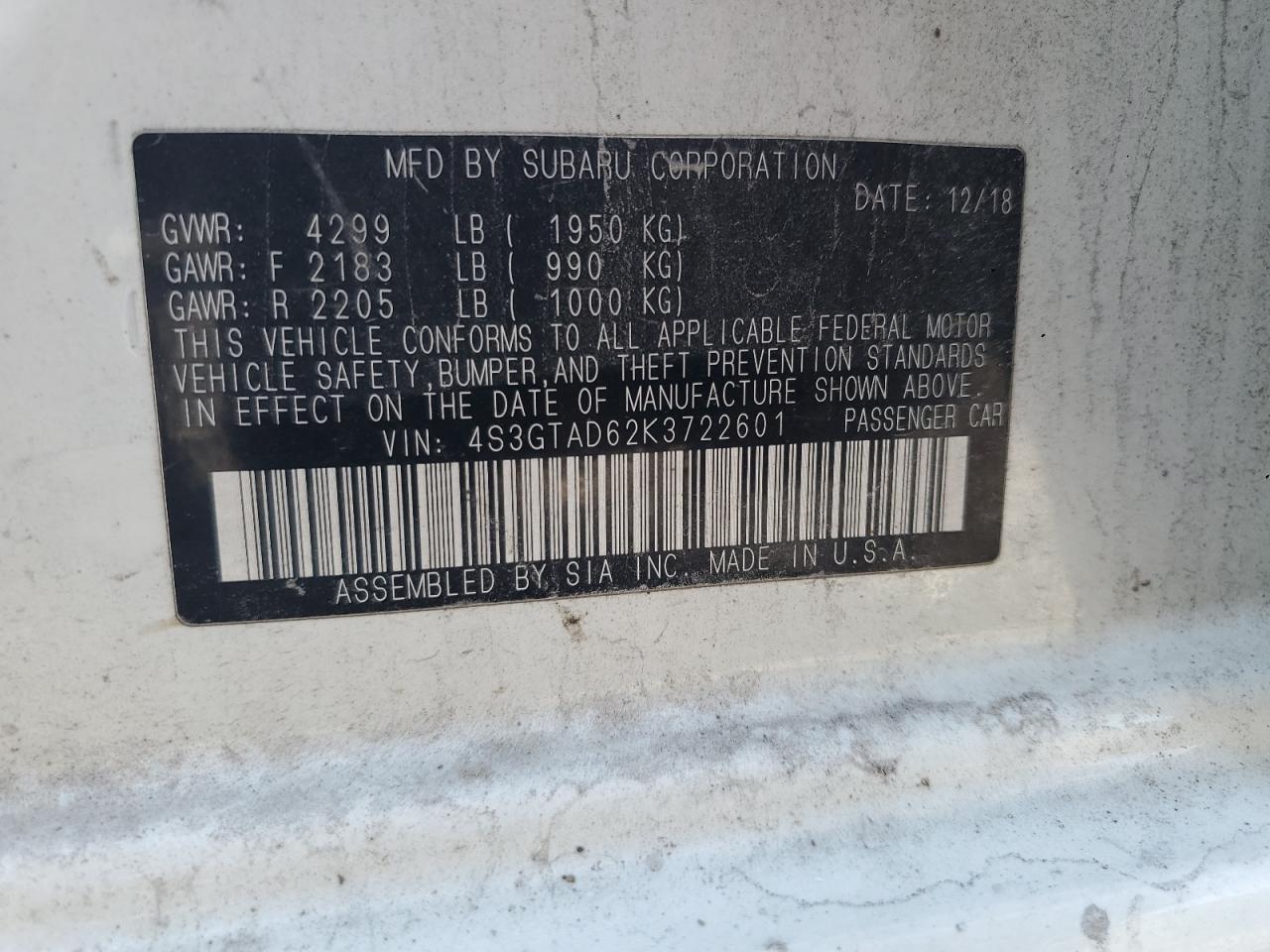 2019 Subaru Impreza Premium VIN: 4S3GTAD62K3722601 Lot: 92837325