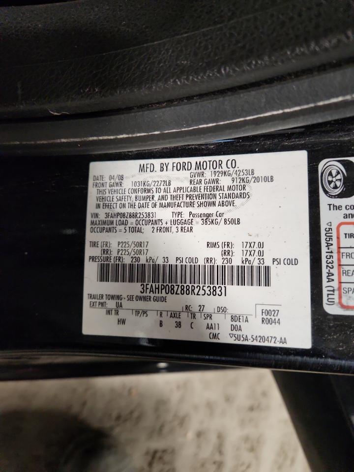 2008 Ford Fusion Sel VIN: 3FAHP08Z88R253831 Lot: 92040495