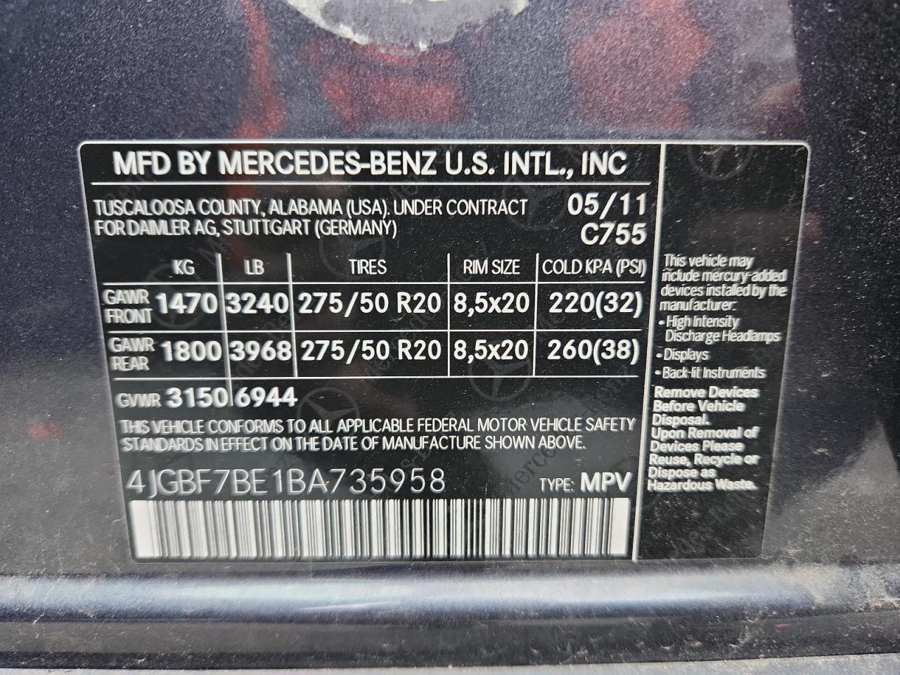 2011 Mercedes-Benz Gl 450 4Matic VIN: 4JGBF7BE1BA735958 Lot: 92600355