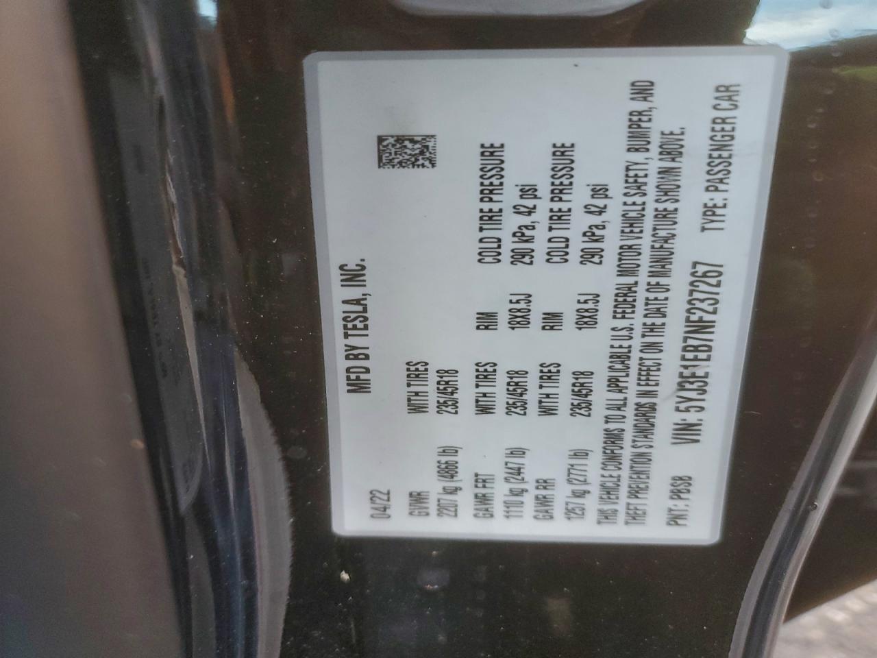 2022 Tesla Model 3 VIN: 5YJ3E1EB7NF237267 Lot: 93952955