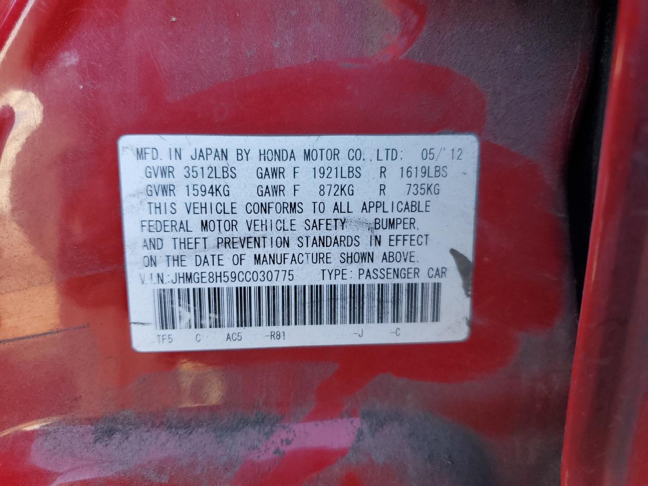 2012 Honda Fit Sport VIN: JHMGE8H59CC030775 Lot: 91788085