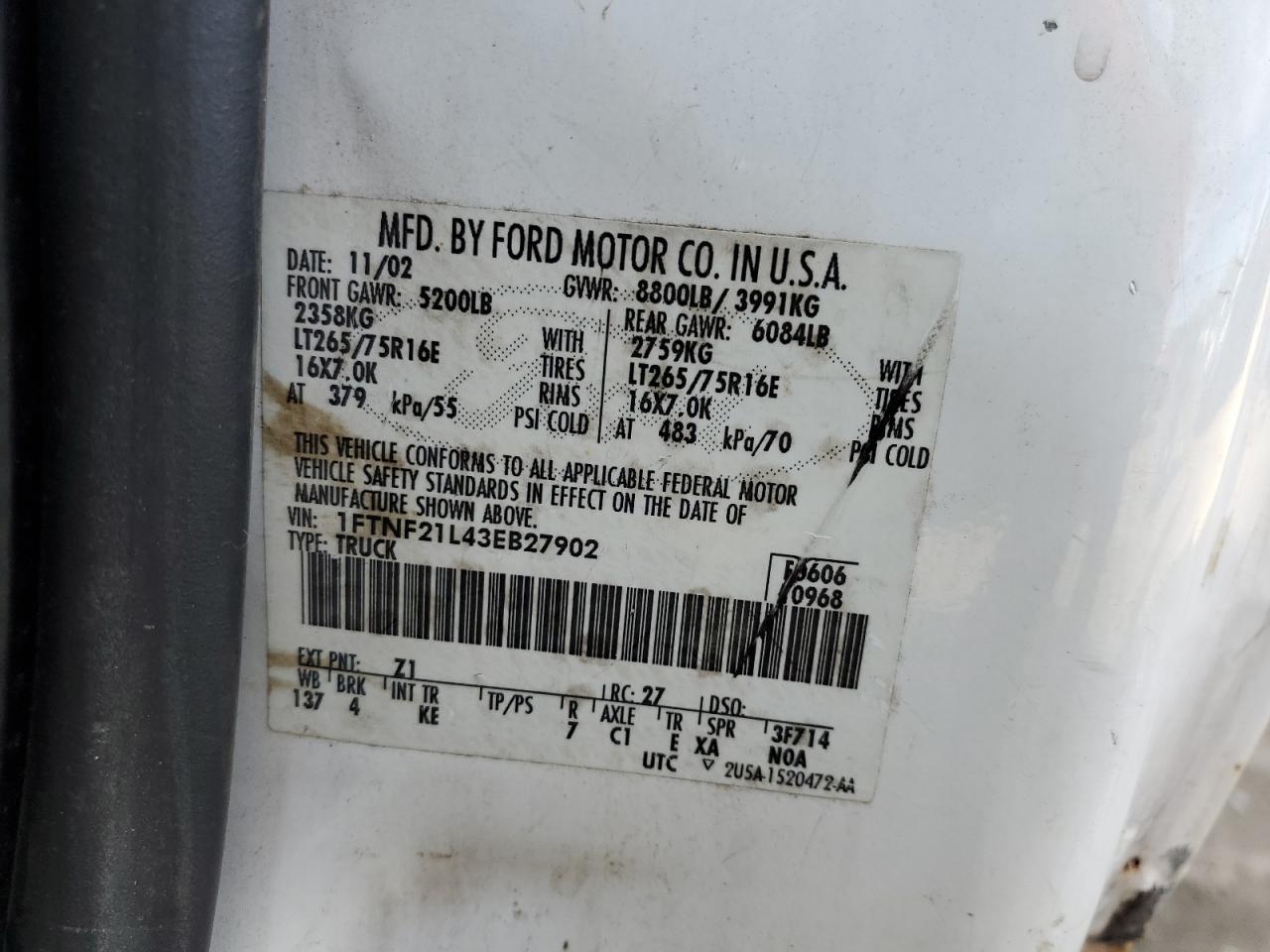 2003 Ford F250 Super Duty VIN: 1FTNF21L43EB27902 Lot: 90456755