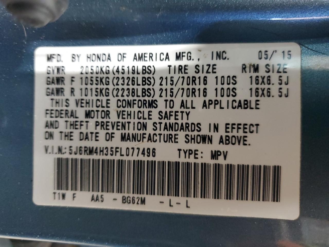 2015 Honda Cr-V Lx VIN: 5J6RM4H35FL077496 Lot: 93622015