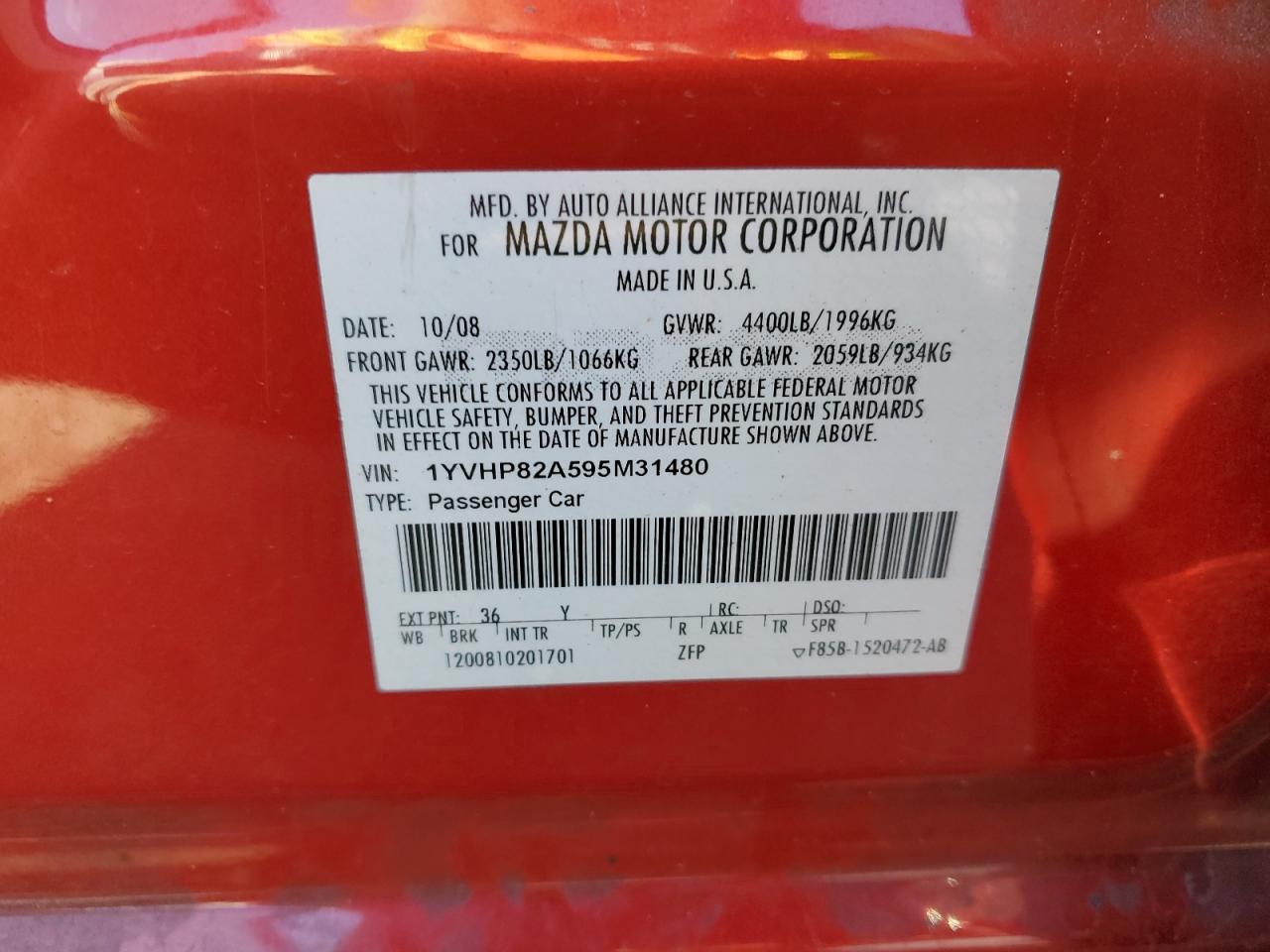 2009 Mazda 6 I VIN: 1YVHP82A595M31480 Lot: 91378175