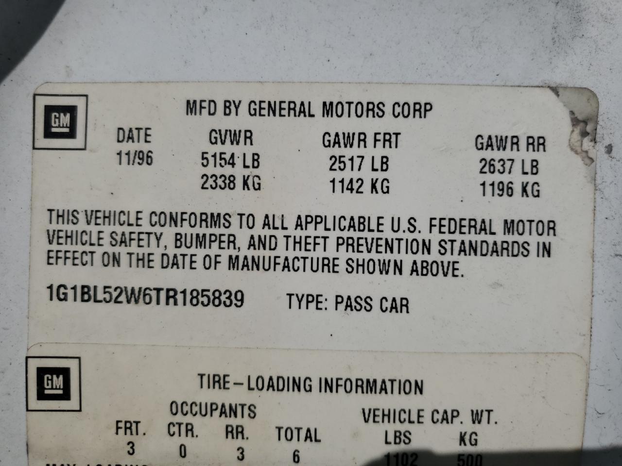 1996 Chevrolet Caprice Classic VIN: 1G1BL52W6TR185839 Lot: 91555905