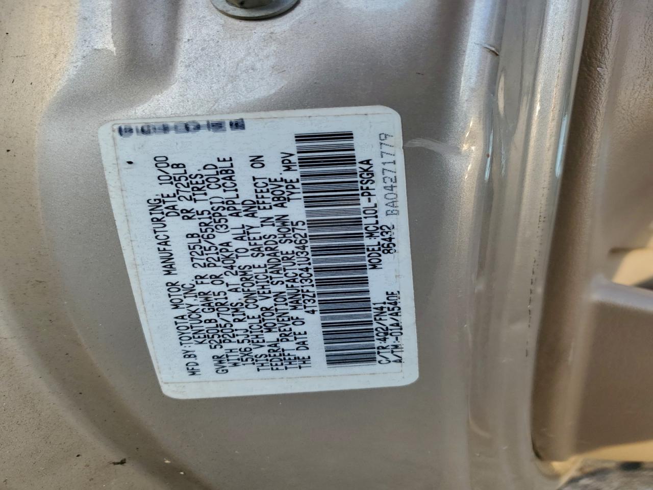 2001 Toyota Sienna Le VIN: 4T3ZF13C41U346275 Lot: 93538515