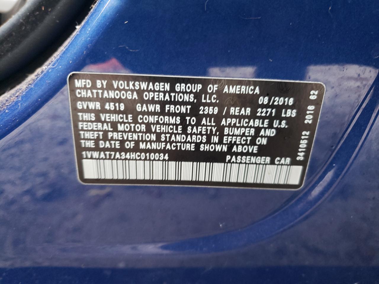 2017 Volkswagen Passat S VIN: 1VWAT7A34HC010034 Lot: 93007235