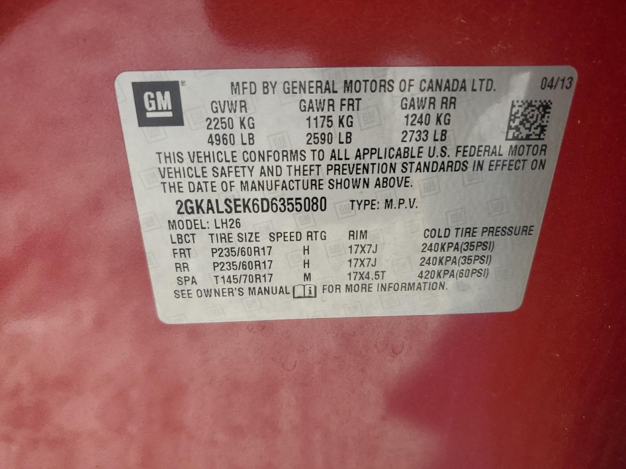 2013 GMC Terrain Sle VIN: 2GKALSEK6D6355080 Lot: 90404805