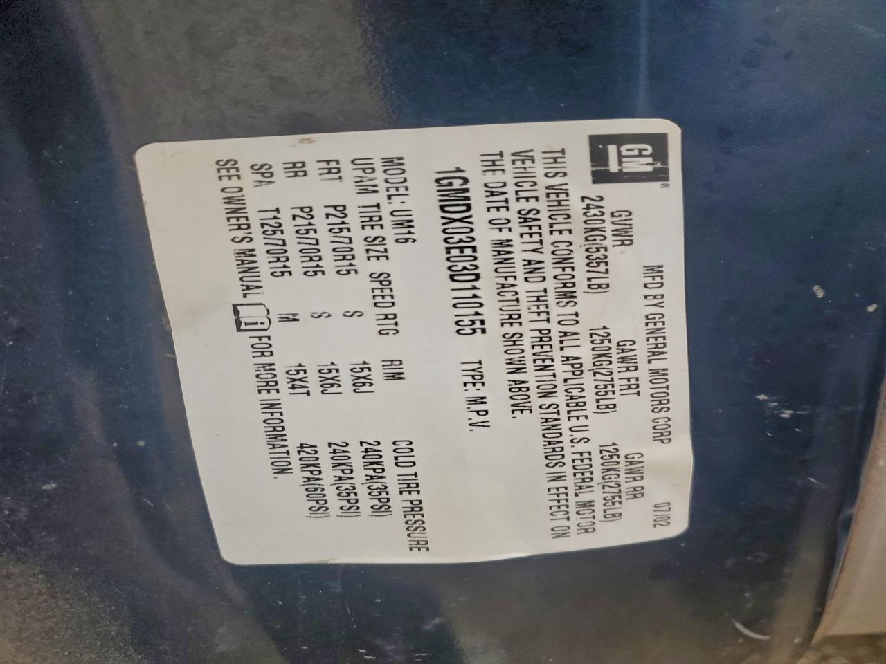 2003 Pontiac Montana VIN: 1GMDX03E03D110155 Lot: 94302845