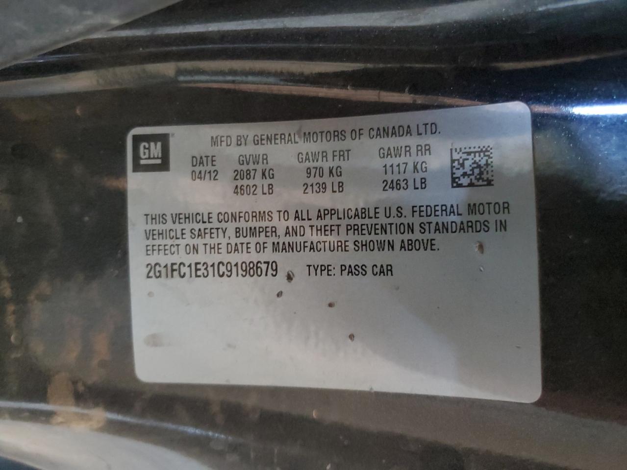 2012 Chevrolet Camaro Lt VIN: 2G1FC1E31C9198679 Lot: 91859565