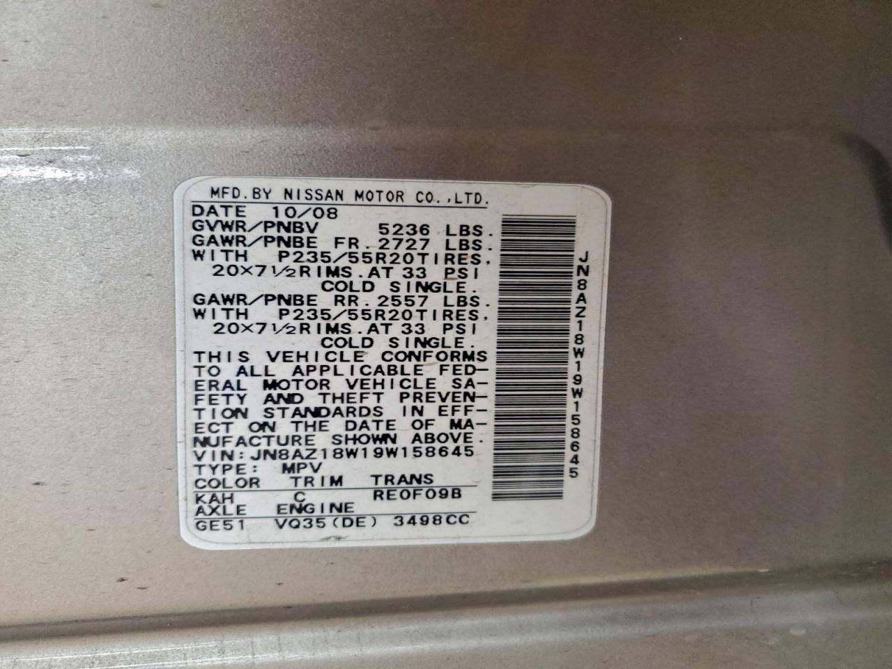 2009 Nissan Murano S VIN: JN8AZ18W19W158645 Lot: 94060085