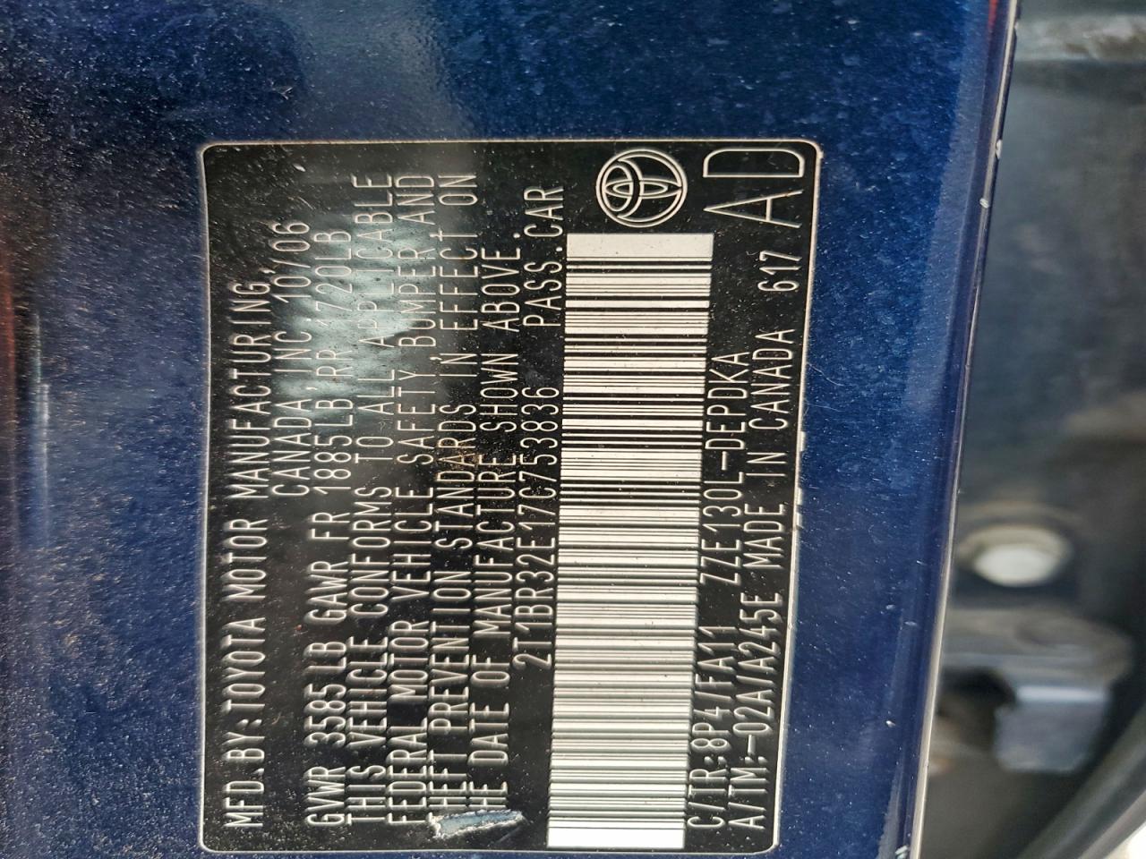 2007 Toyota Corolla Ce VIN: 2T1BR32E17C753836 Lot: 94180635