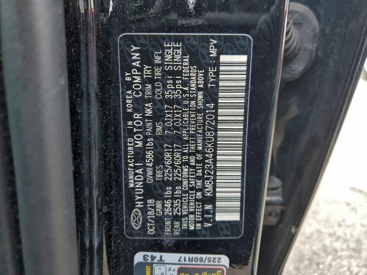 2019 Hyundai Tucson Se VIN: KM8J23A46KU872014 Lot: 94132435