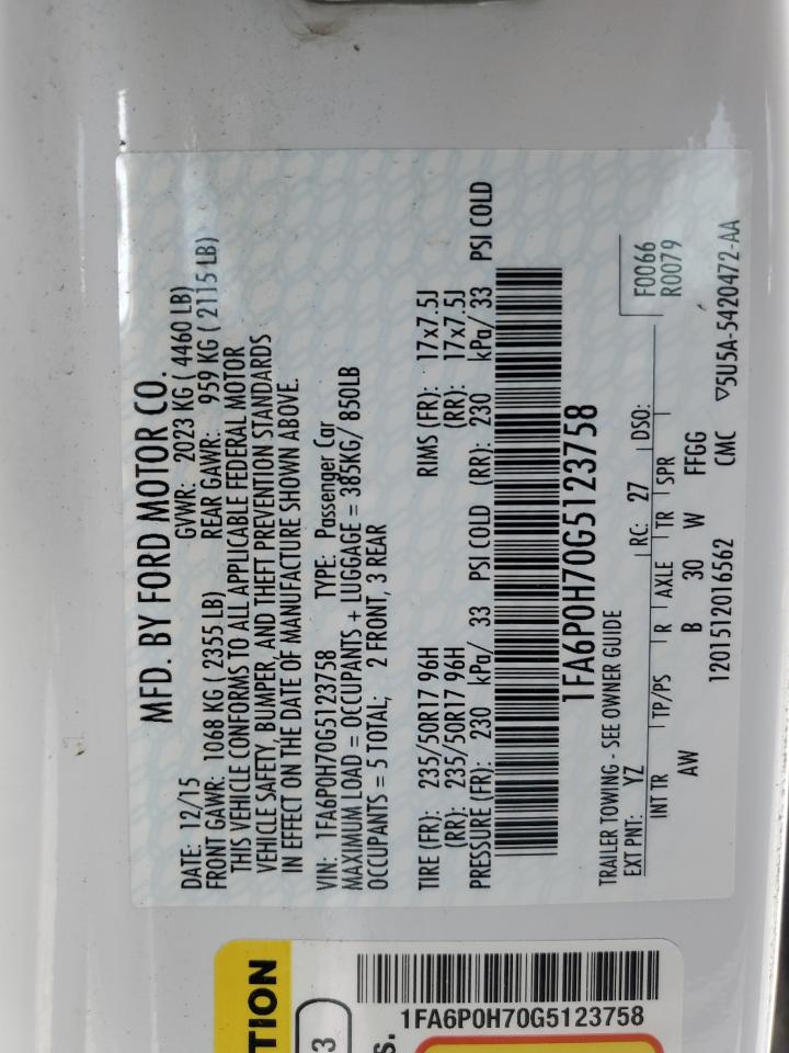 2016 Ford Fusion Se VIN: 1FA6P0H70G5123758 Lot: 92796795