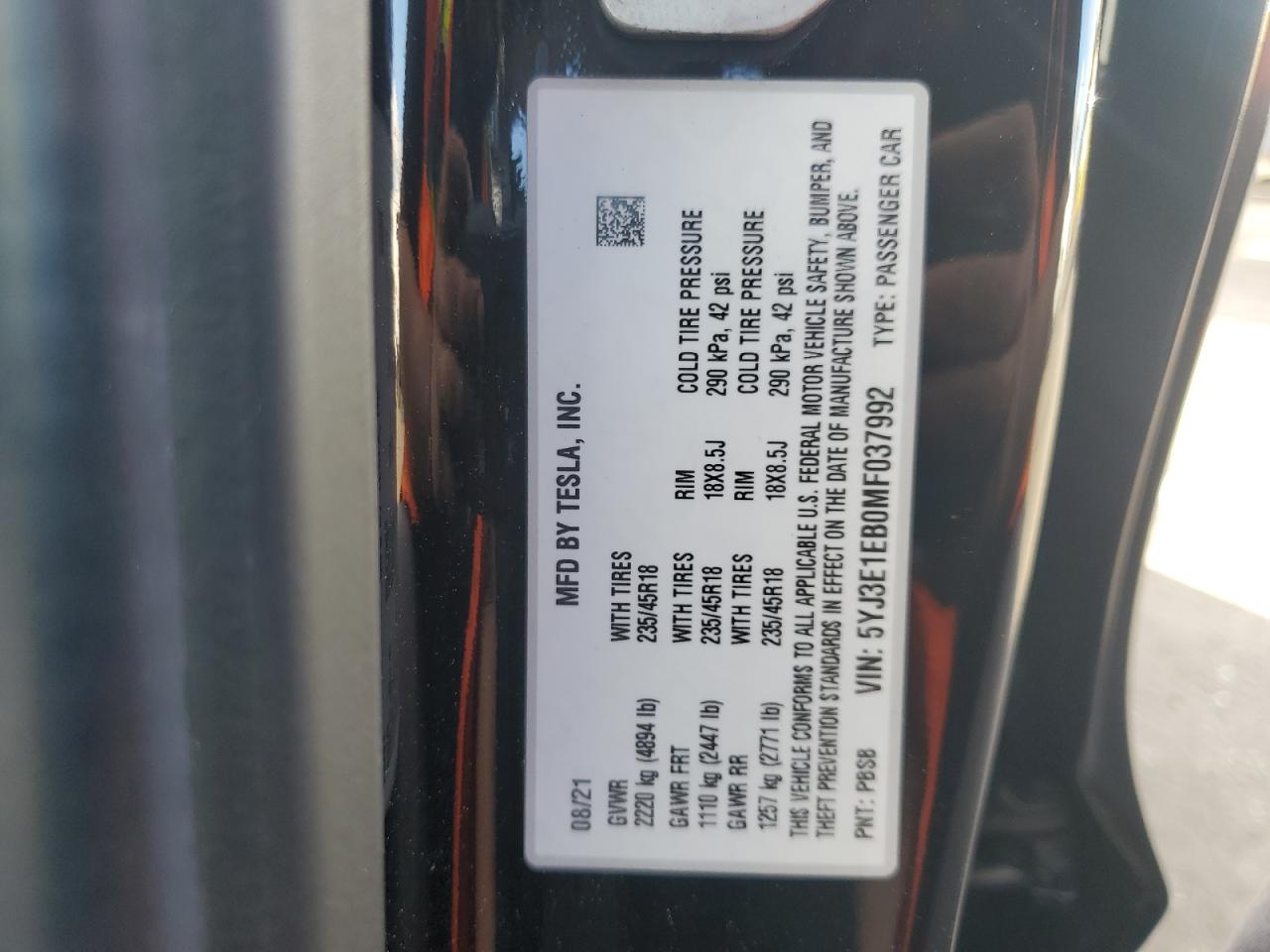 2021 Tesla Model 3 VIN: 5YJ3E1EB0MF037992 Lot: 92180895