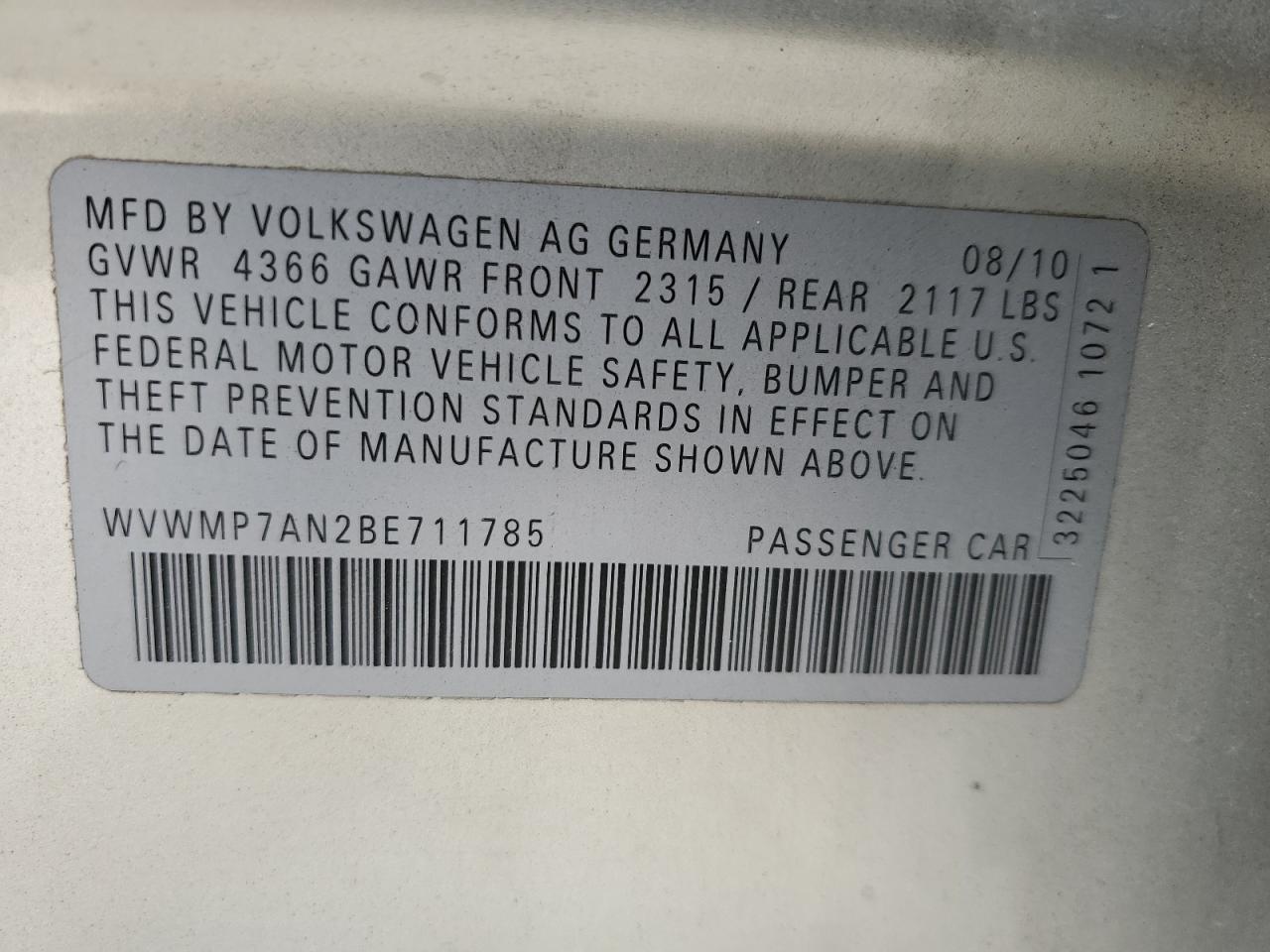 2011 Volkswagen Cc Sport VIN: WVWMP7AN2BE711785 Lot: 92275675