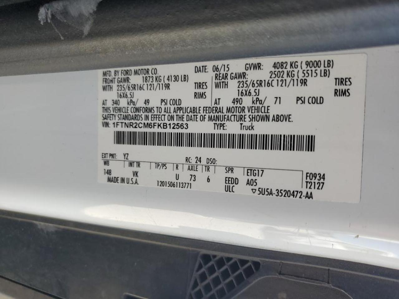 2015 Ford Transit Cargo Van T- VIN: 1FTNR2CM6FKB12563 Lot: 90295635