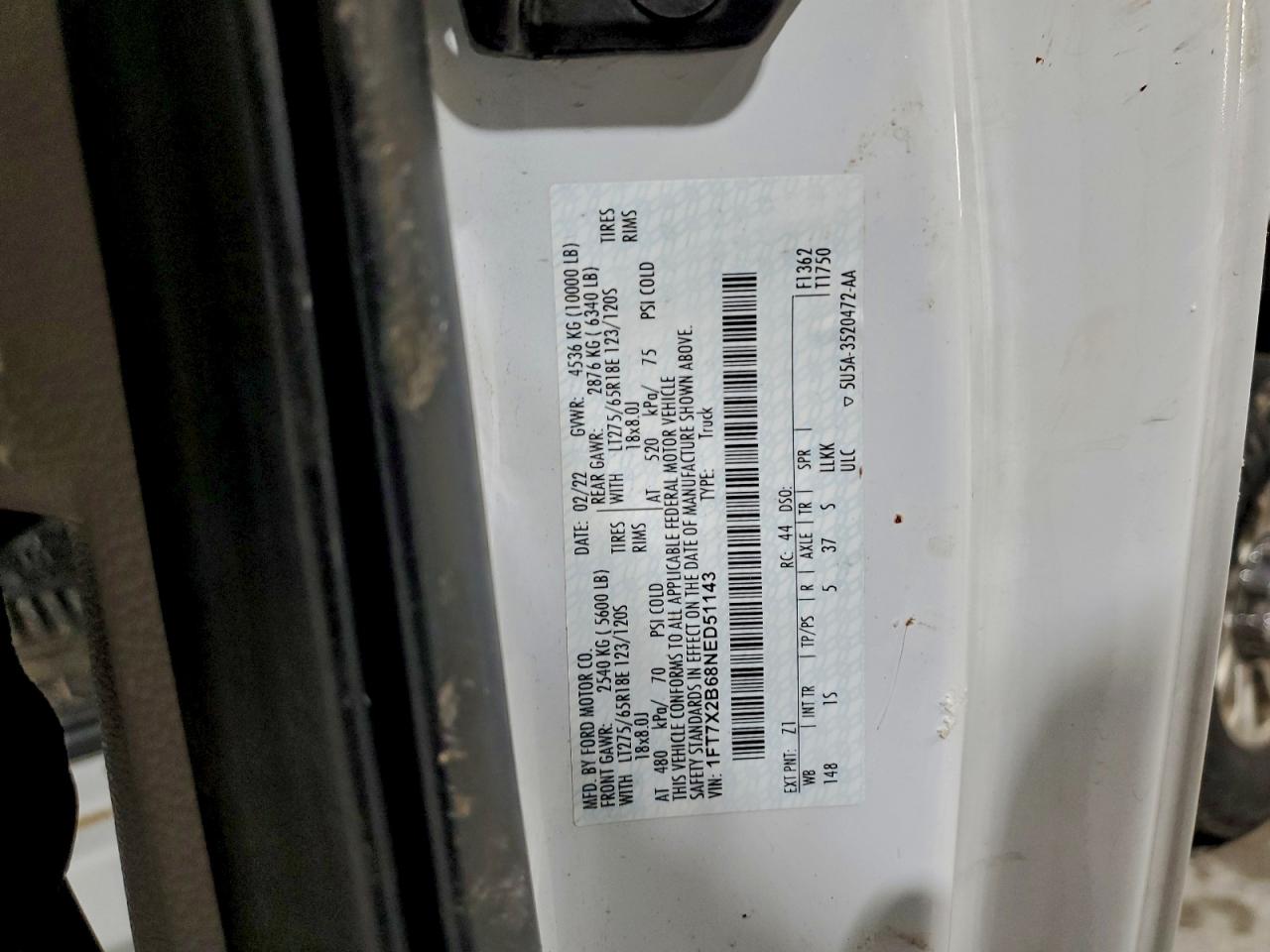 2022 Ford F250 Super Duty VIN: 1FT7X2B68NED51143 Lot: 93718045