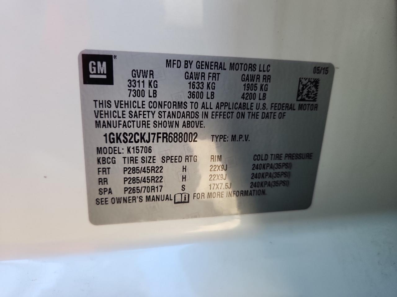 2015 GMC Yukon Denali VIN: 1GKS2CKJ7FR688002 Lot: 91795625