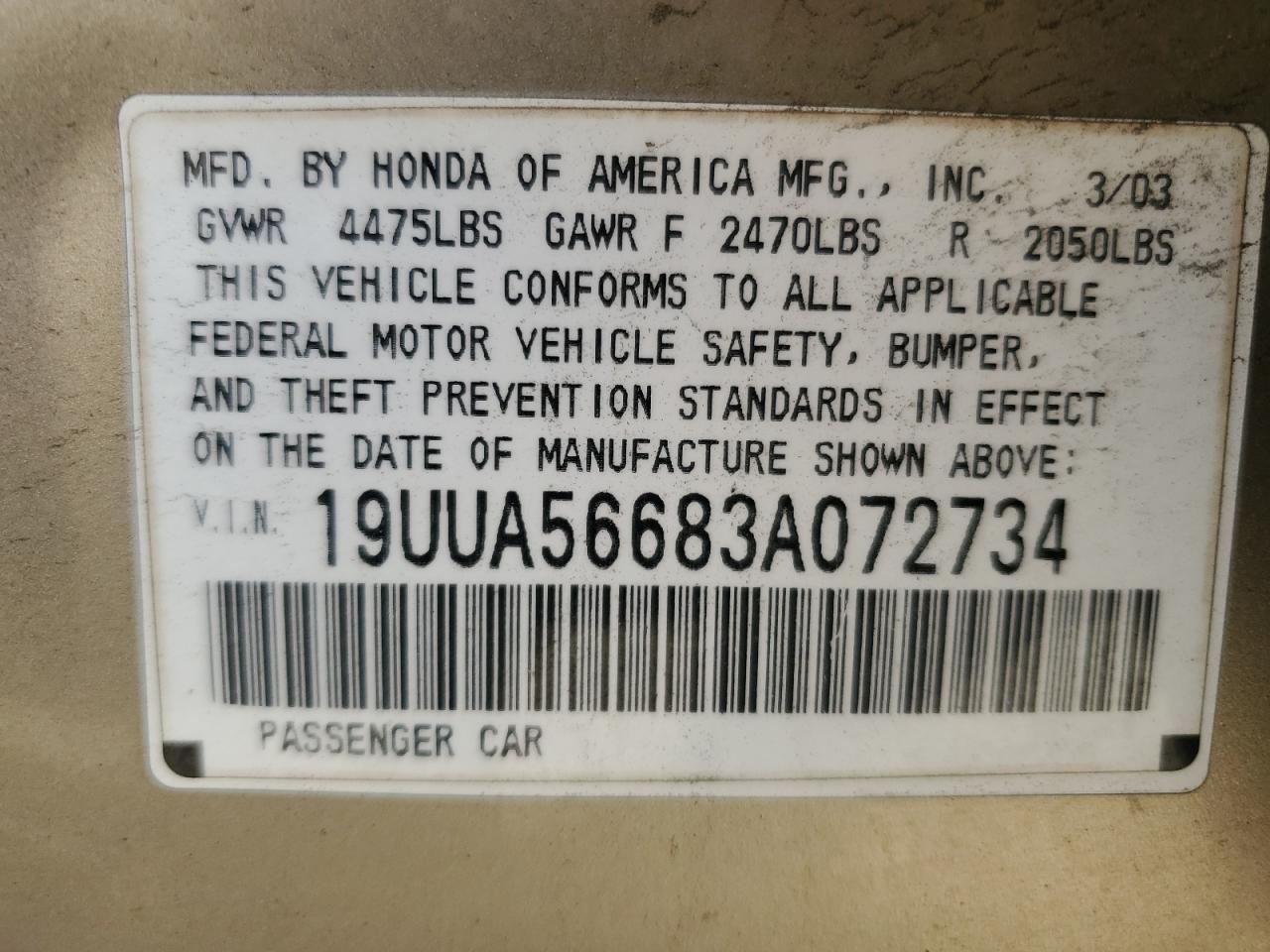 2003 Acura 3.2Tl VIN: 19UUA56683A072734 Lot: 92115235
