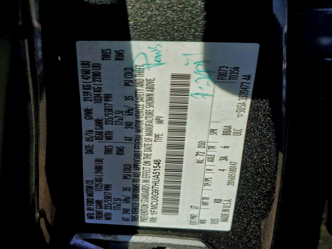 2017 Ford Escape Se VIN: 1FMCU0G97HUA51548 Lot: 94381025