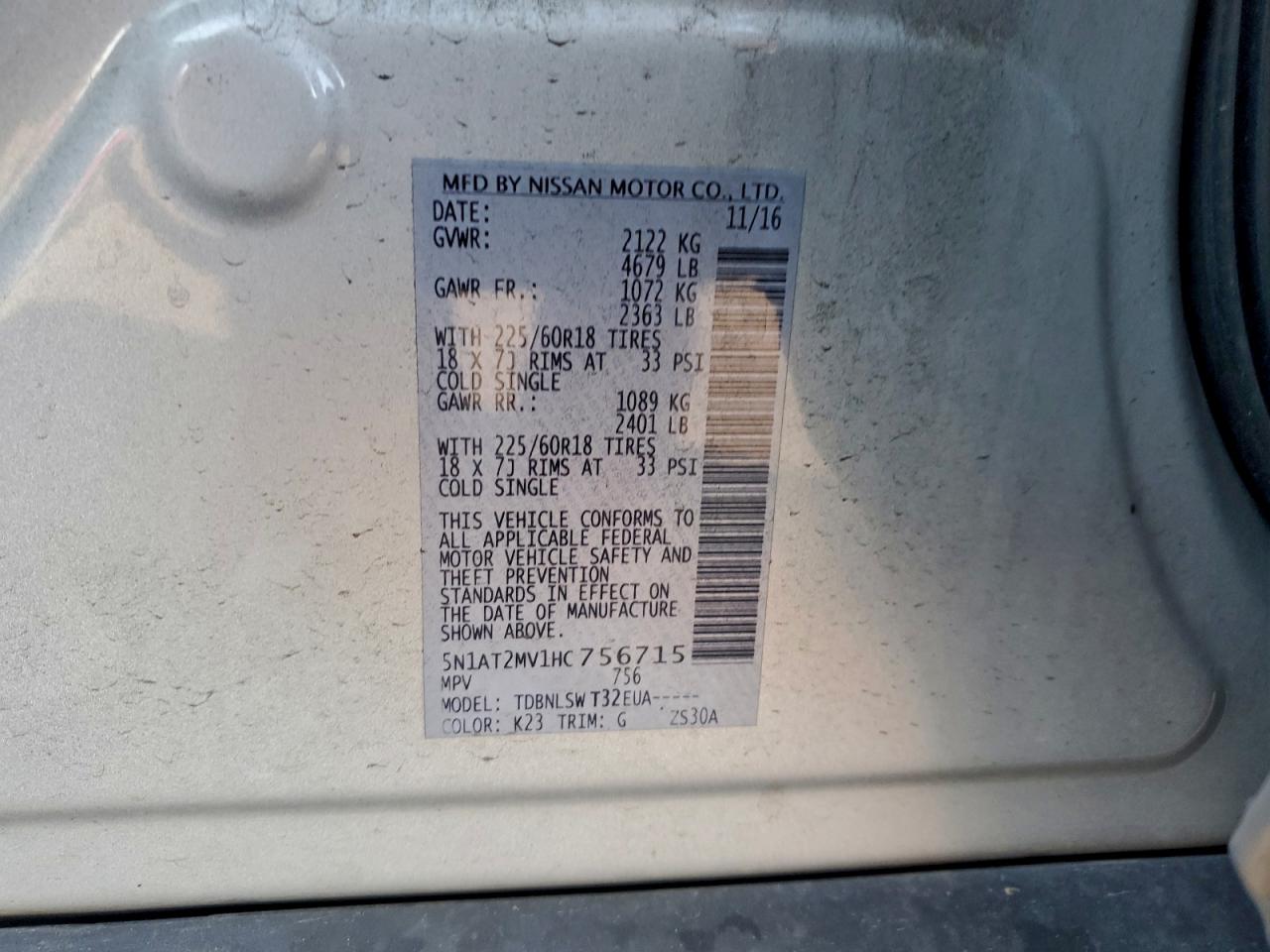 2017 Nissan Rogue Sv VIN: 5N1AT2MV1HC756715 Lot: 94851665