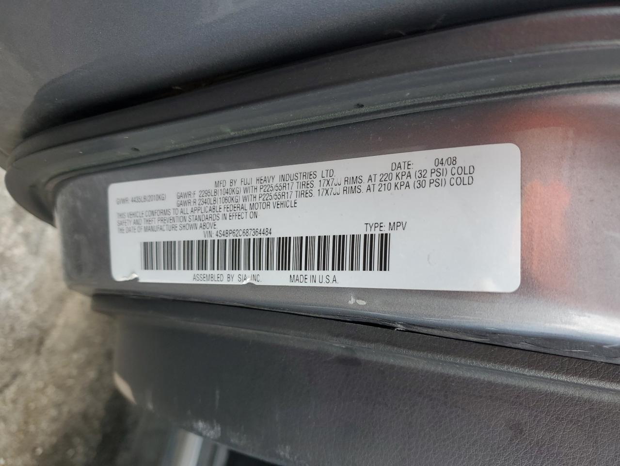 2008 Subaru Outback 2.5I Limited VIN: 4S4BP62C687364484 Lot: 93771095