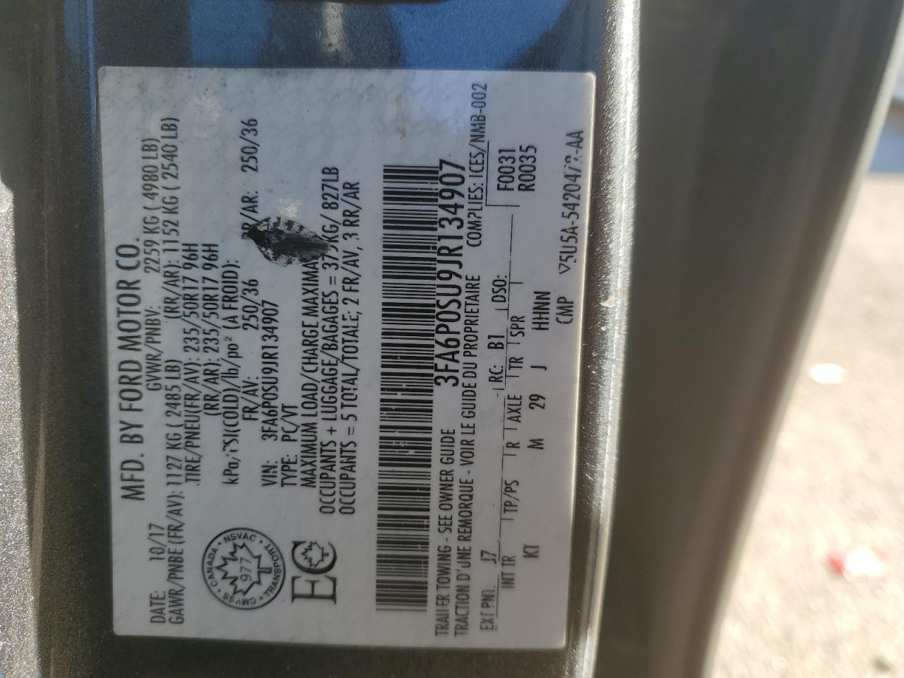 2018 Ford Fusion Titanium/Platinum Phev VIN: 3FA6P0SU9JR134907 Lot: 93133915